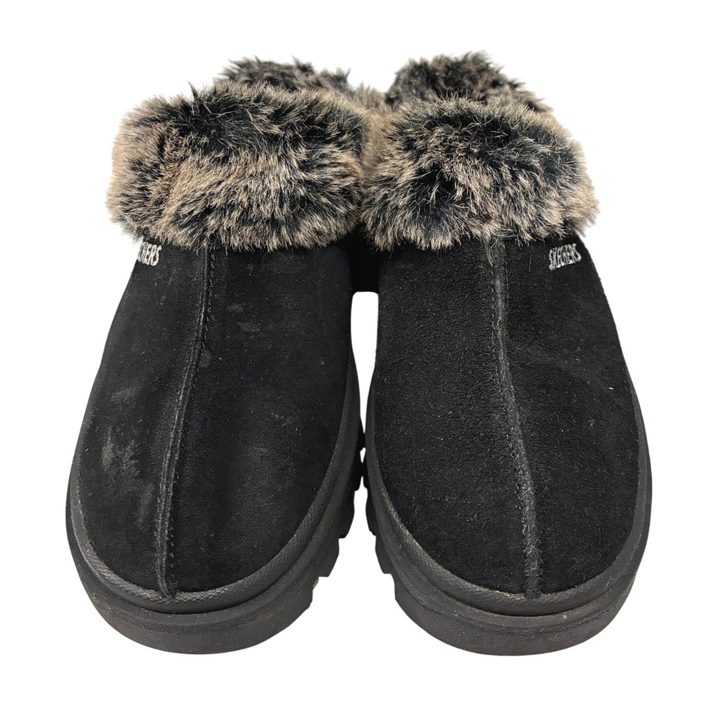Skechers Faux Fur Mule Clogs Womens 10 Black Platform Suede Slip On Winter